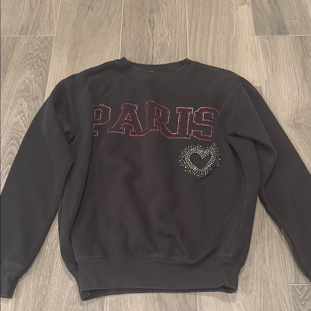 Vintage Havana Girls Black Paris Sweatshirt With Pink And Silver Gems Size S